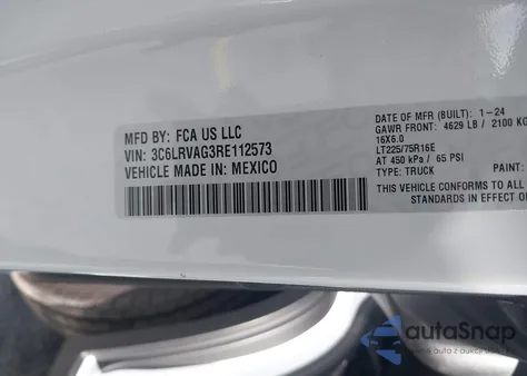 2024 Ram Promaster 1500 Low Roof 136 Wb W/Pass Seat from USA, damaged, VIN 3C6LRVAG3RE112573